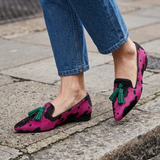 Mocassino Ginevra — Mucca Fuksija, Nappine Zelene