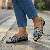 Moccasini Nadia — Leopard Print u Belo i Crno sa Plavim Nappinama