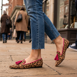 Moccasin Ginevra — Leopardo Suede, Fuksija Nappine
