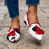 Mocassino Ginevra — Mucca Bianco e Nero, Nappine Rosse