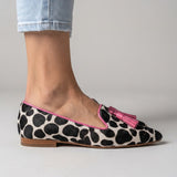 Mocassino Ginevra — Mucca Bianco e Nero, Nappine Rosa